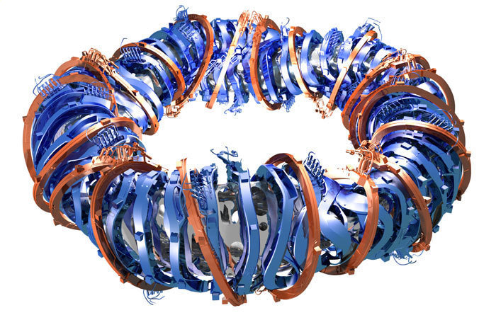 Das supraleitende Magnetsystem von Wendelstein 7-X: 50 speziell geformte Stellaratorspulen 
    (blau) und 20 flache Spulen (braun) bauen den magnetischen Kfig fr das Plasma auf.